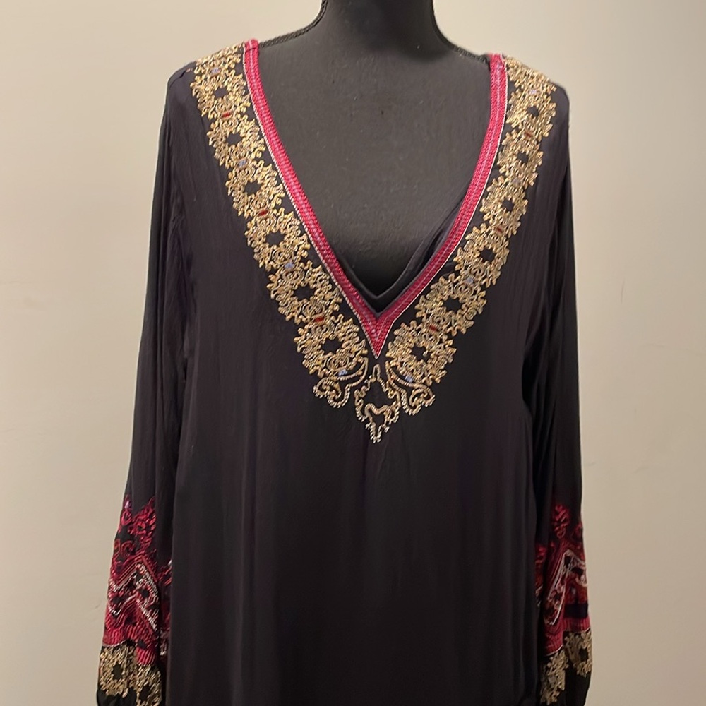 Free People Wild One Peasant Mini Dress SizeS Black Gold Embroidered Drop Waist - Picture 11 of 16